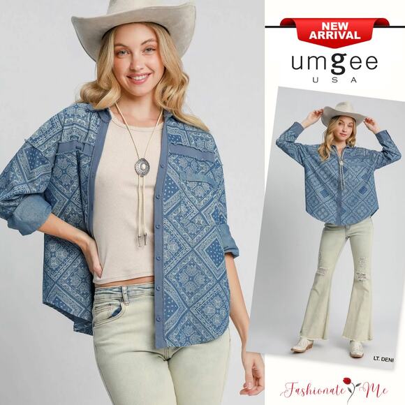 Umgee Paisley Pattern Long Sleeves Buttoned Relaxed Fit Light Denim Shirt Jacket - Picture 1 of 7